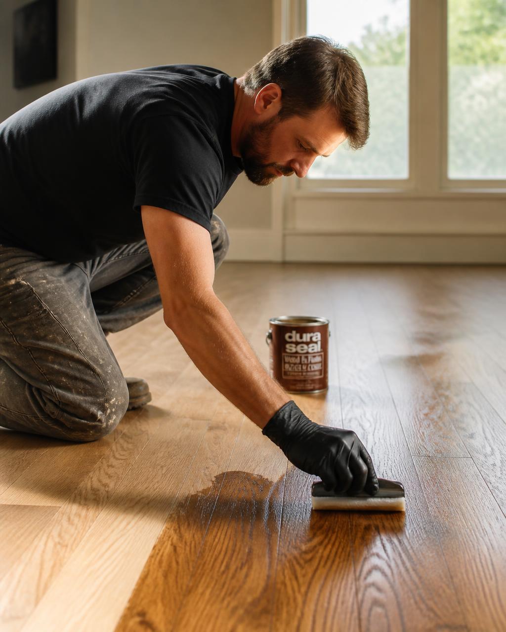 Craftsman hand-applying stain to a natural hardwood floor during a restoration
