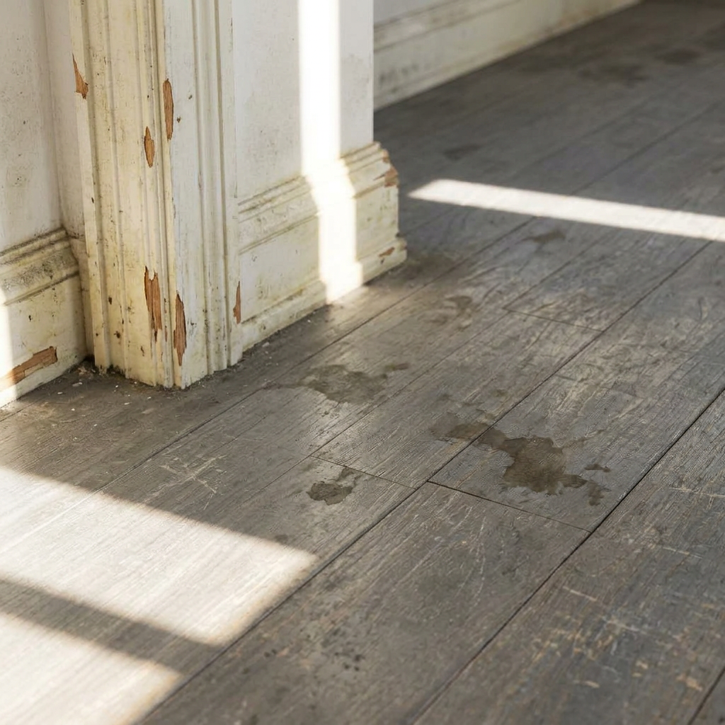 Close-up of wood flooring and baseboard — before
