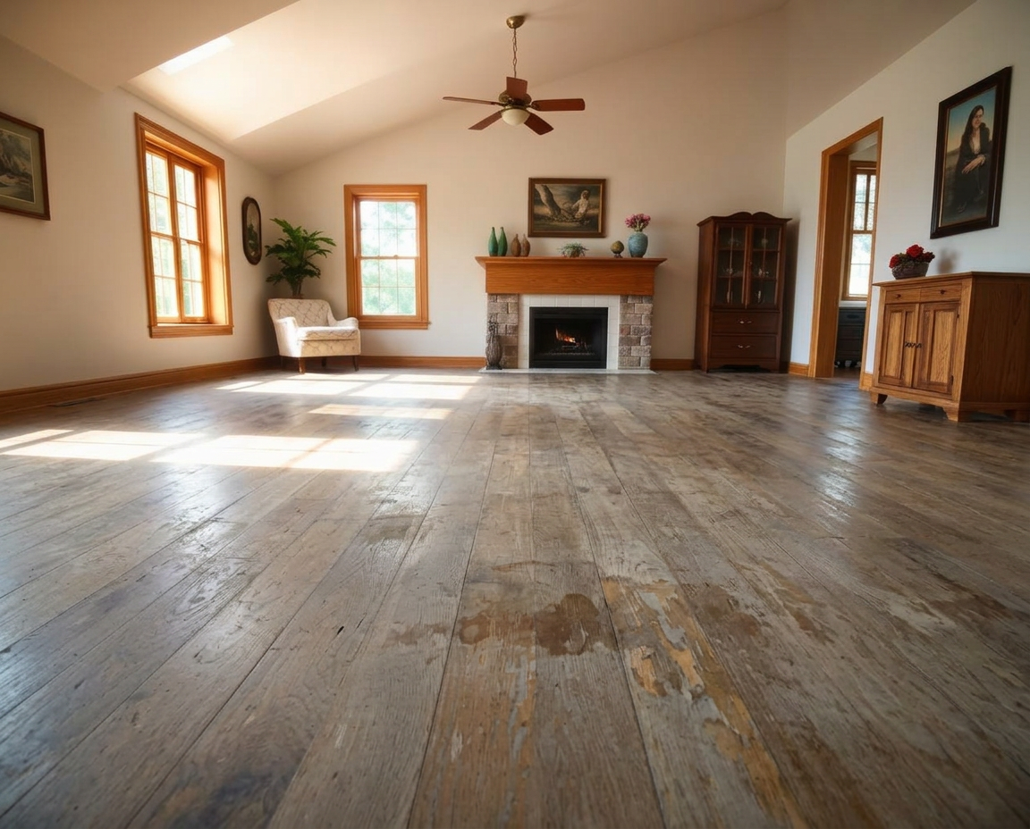 Sunlit living room hardwood floor — before