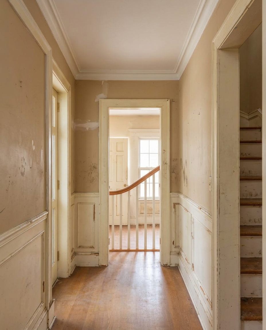 Interior hallway with trim and stair treads — before