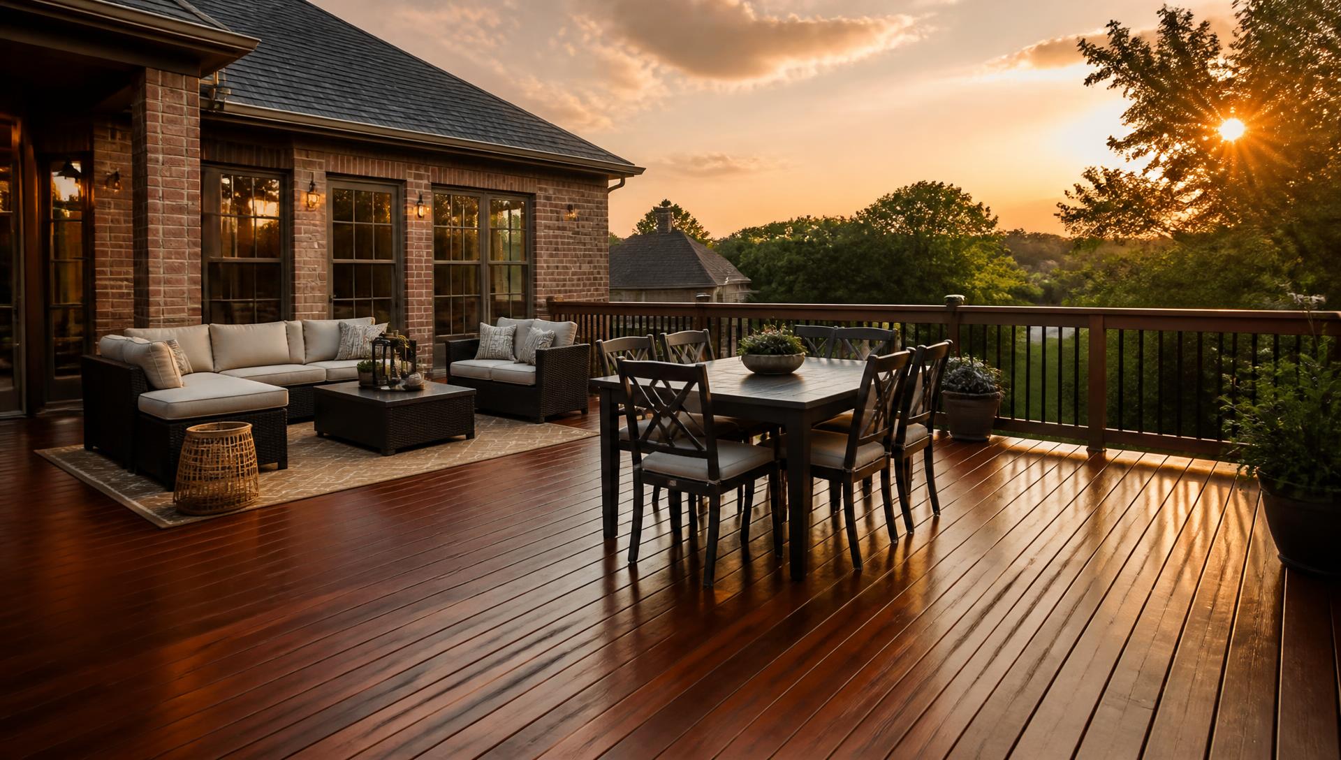 Freshly restored and stained backyard wood deck at golden hour